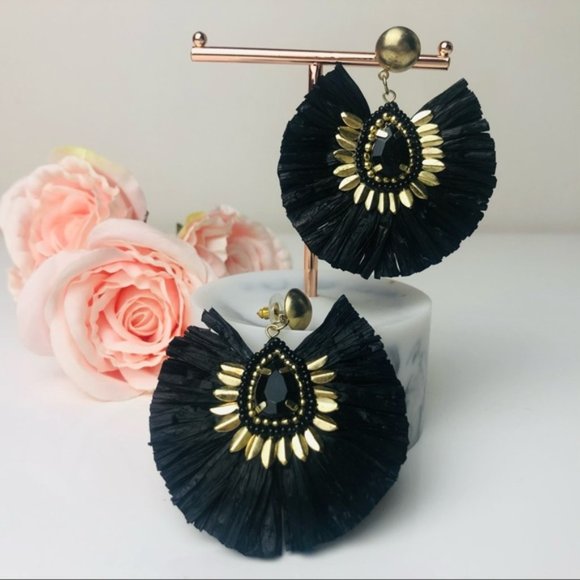 Black Large Light weight Fringe Earrings - Picture 1 of 4